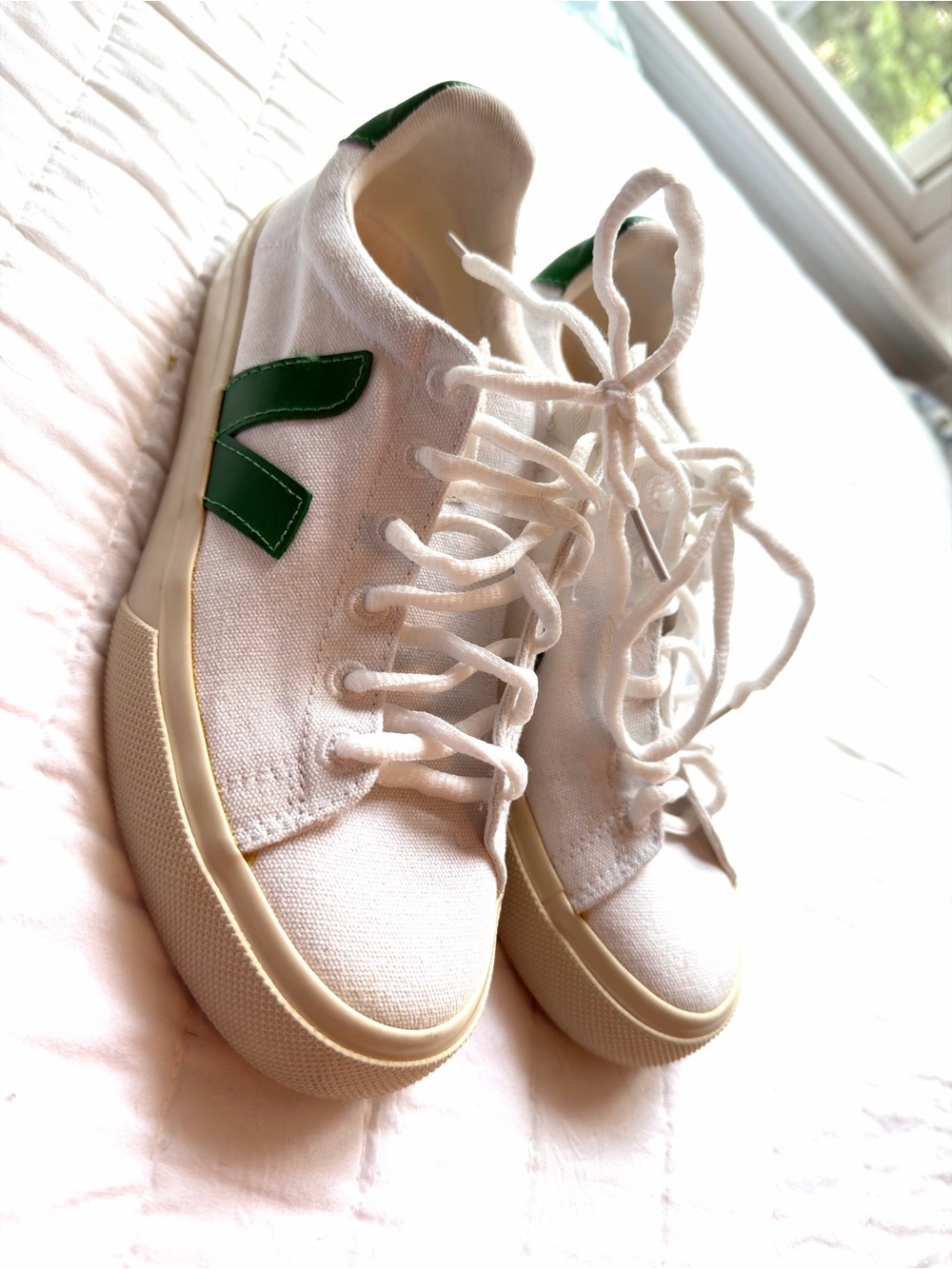 Veja White Canvas Sneakers with Green V Detail